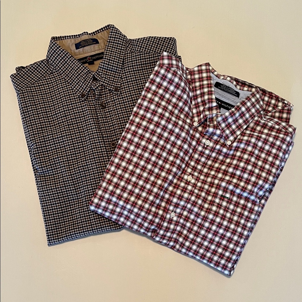 Tommy Hilfiger Men's Checkered Long Sleeve Shirts - Brown and Red